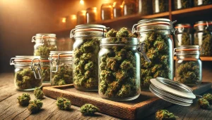 glass jars with dried cannabis