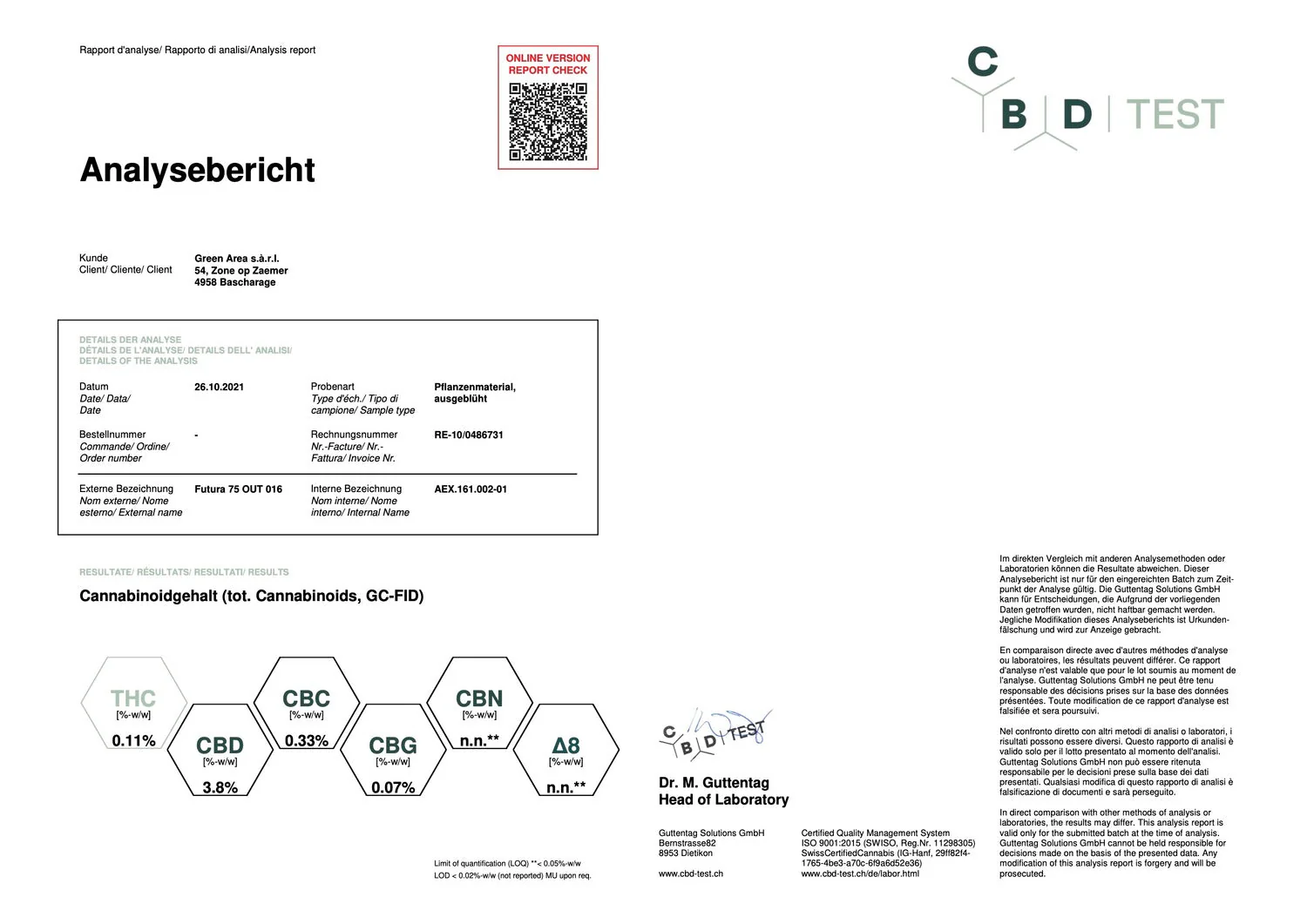 certificat d’analyse (COA)