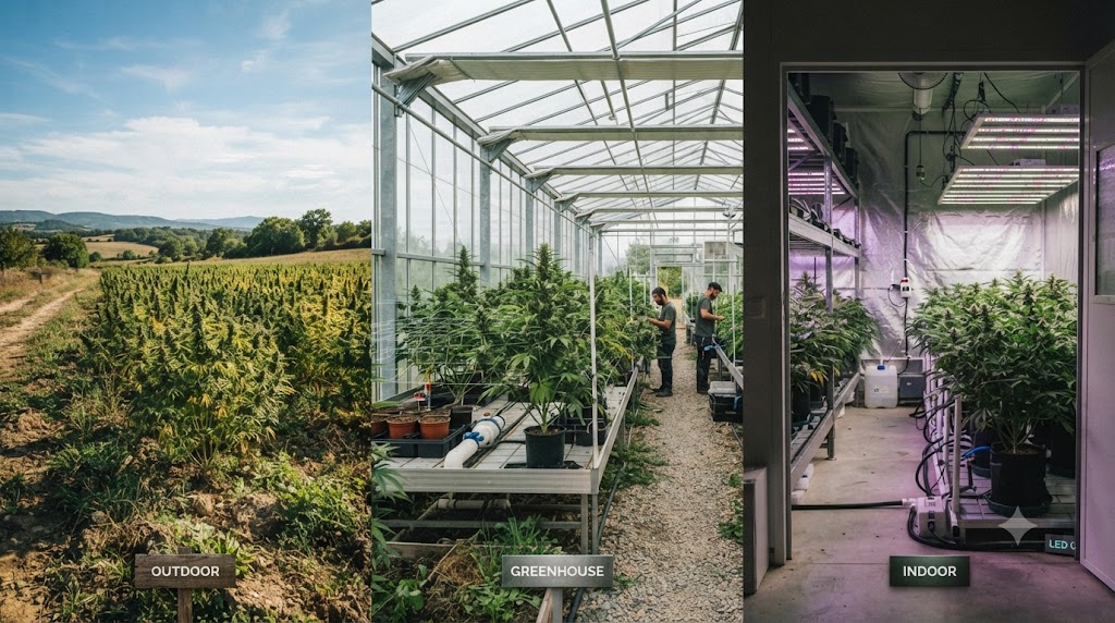 Fleur CBD outdoor, greenhouse ou indoor