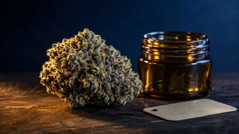 Fleur de cannabis dense et résineuse à côté d'un bocal en verre ambré, sur un plan de travail en bois sombre