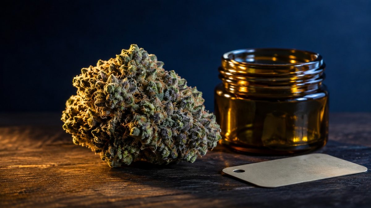 Fleur de cannabis dense et résineuse à côté d'un bocal en verre ambré, sur un plan de travail en bois sombre
